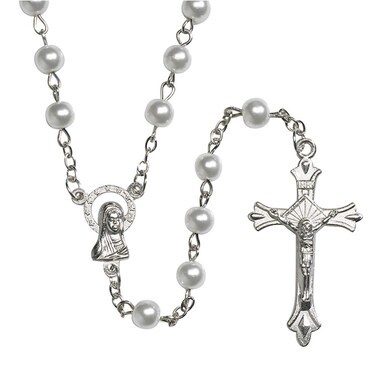 Autom Girls First Communion White Imitation Pearl Rosary with Our Lady of Grace Centerpiece