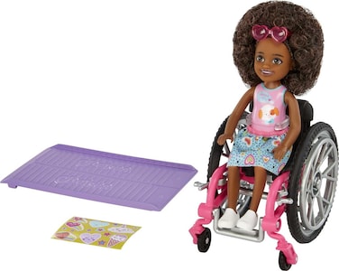 Barbie Chelsea Doll  Wheelchair with Moving Wheels Ramp Sticker Sheet  Accessories Small Doll with Curly Brown Hair