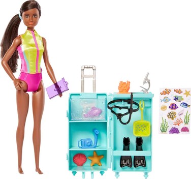 Barbie  Dolls  Accessories Marine Biologist Doll Brunette  Mobile Lab Playset with 10 Pieces Case Opens for Storage  Travel