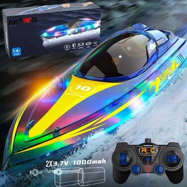 RC Boat with LED for Kids and Adults  Remote Control Boat for Pools and Lakes 24 GHZ RC Boats with 2 Rechargeable Battery Whole Body Waterproof Low Battery Alarm Water Play Toy Gift for BoysGirls