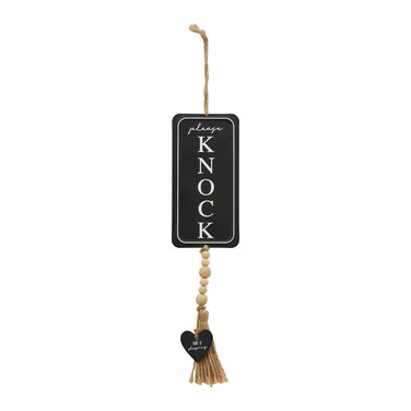 Farmhouse Metal Sign with Sayings Please Knock Small Hanging Decor with Wood Bead Accent Twine Tassel and Wood Heart