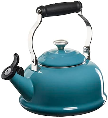 Le Creuset Enamel On Steel Whistling Tea Kettle with Metal Finishes 17 qt Caribbean