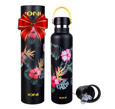 IONI Cute Water Bottle for Women 24oz 2 Lids  Designer Water Bottle Black Hibiscus Art  BPA Free Stainless Steel Insulated Leakproof  Slim Aesthetic Gym Water Bottle With Straw