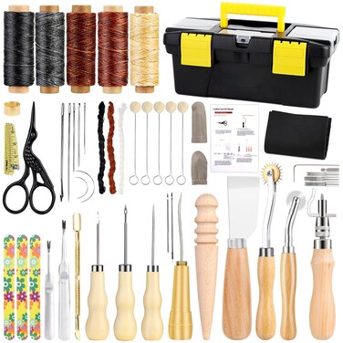 Jmuiiu Leather Working Kit Leather Repair Kit Leather Working Tools with Instructions Quality Tool Box Rotary Cutter Waxed Thread Tracing Wheel and Other Leather Working Supplies