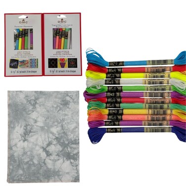 Light Effects Collection Embroidery Thread Bundle  DMC Embroidery Floss Pack 87yd Fluorescent 6Pkg Tropical Glow 6Pkg with Aida 18 Count Pearl Gray HandDyed Cross Stitch Fabric by VolcanoStitching