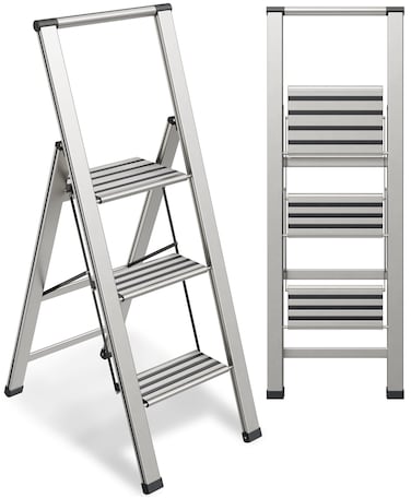 Sorfey Premium 1 Step Ladder Modern Aluminum LightweightUltra Slim Profile Anti Slip Steps SturdyPortable for Home Office Kitchen Photography Use Aluminum Finish