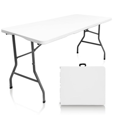 Camp Solutions BiFold Plastic Folding Table 5 FT Folding Table Plastic Portable Tables for Dining Parties Card Picnic Camping Granite White