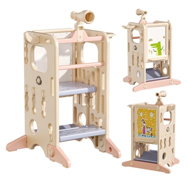 BRRIY 7 in 1 Kitchen Toddler Step Stool Multifunctional Toddler Learning Tower with Double Safety Rails 3 Adjustable Heights AntiSlip Protection Toddler Step Stool for Bathroom Sink