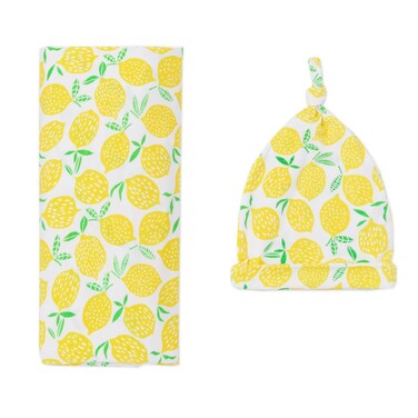 Little Sleepies Newborn Swaddle  Hat Set Viscose from Bamboo Baby Wrap Lemons