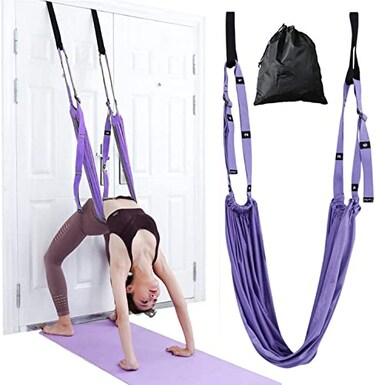 Yoga Stretching Strap, Adjustable Height Leg Stretcher Waist Back Stretch Band Aerial Yoga, Anti-gravity Inversion Exercises Door Flexibility Tensile Trainer for Rehab Pilates Dance Splits (Purple)
