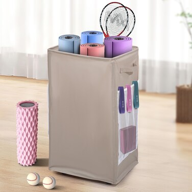 wymulot Yoga Mat Storage Racks, Home Gym Storage Rack with Wheels, Yoga Mat Holder Side 2 Mesh Pockets, Yoga Storage Basket Holds 4 Yoga Mats, 2 Foam Rollers, 6 Resistance Bands (Khaki)