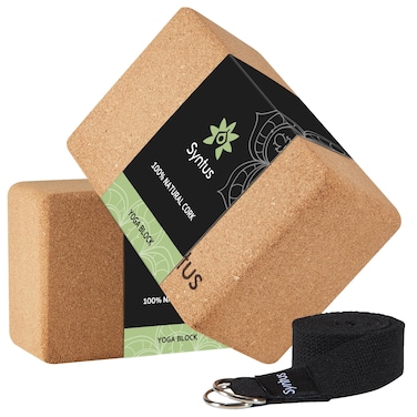 Syntus Cork Yoga Blocks and Yoga Strap Set, 2 Natural Cork Soft Non-Slip Yoga Blocks 9&times;6&times;4 inches, 8FT Metal D-Ring Strap for Yoga, General Fitness, Pilates, Stretching and Toning