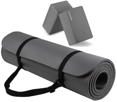 Fitvids All Purpose 1/2-Inch Extra Thick High Density Anti-Tear Exercise Yoga Mat with Carrying Strap and Yoga Blocks, Gray
