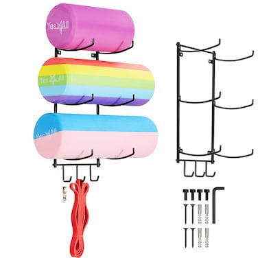Yes4All 3-Tier and 5-Tier Steel Yoga Mat Rack Organizer Wall Mount with 3 Hooks, Foam Roller Holder Wall Mount Rack For Yoga Mat Storage, Hanging Yoga Strap and Resistance Bands