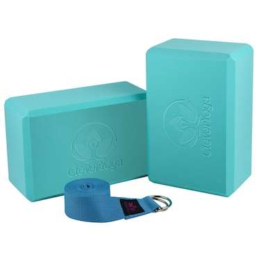 Clever Yoga Blocks 2 Pack with Strap - Extra Light Weight Sweat Repelling Foam Yoga Block Set with Cotton 8ft Yoga Stretch Strap - Yoga Block and Strap Set Kit for Beginner to Pro - Exercise