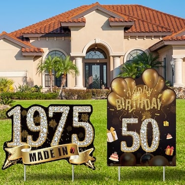 2pcs Birthday Yard Signs,50th Birthday Decorations for Men Women Black Gold Happy 50 Birthday Sign Made in 1975 Lawn Party Supplies With Stakes Weatherproof Outdoor Fifty Years Old Birthday Yard Decor