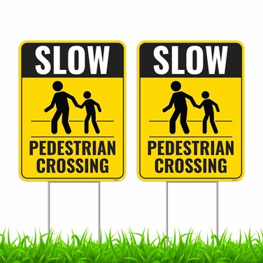 2PC Pedestrian Crossing Sign with Stakes, 17 Inches by 13 Inches - Corrugated Plastic - Road Crossing Sign