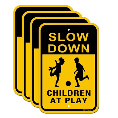 Slow Down Children at Play Signs, 18" x 12" Reflective Road Safety Sign for Neighborhood Driveway or Yard, 40Mil Rust Free Aluminum Weather Resistant Waterproof 4PCS