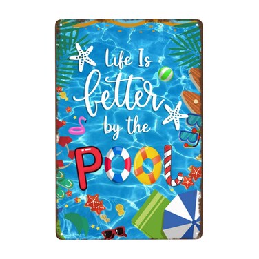 OMMIIY Decor 12''x8'' Pool Sign Retro Tin Signs Life is Better by The Pool Metal Tin Sign Indoor