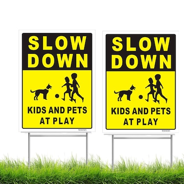 DSKKWS Slow Down Kids and Pets at Play Sign, 12" x 9" Yard Sign with Metal H Stake, Children Playing Sign Street Cation Yard Sign, Lawn Sign Double Side，Easy to Mount, Corrugated Plastic (2Pack)