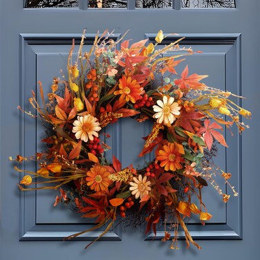 SZAT PRO Fall Wreath 24 Inches Large Farmhouse Autumn Harvest Wreaths with Straw Wheat Maple Leaves Grain Holly Berries Yellow Daisies for Front Door Outside Wall Round Gold