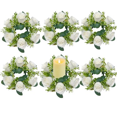 Tyoungg Artificial Floral Centerpiece Rose Eucalyptus Pillar Candle Ring Wreath 3 Inch Center for Flameless or Wax Pillar Candles Weddding Bridal Shower Banquet Reception Table Home Decor (6, White)