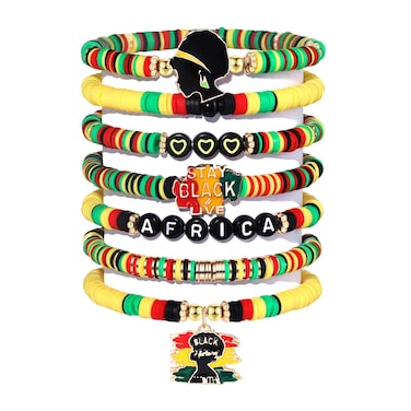 Beaded African Bracelets Black Women bracelets Preppy Bracelets Friendship Bracelets Clay Bead Bracelet Africa Map Heart Charm Bracelets Summer Bracelets African Jewelry for Women (Africa-7PCS)