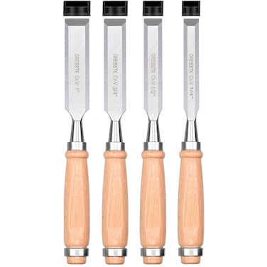 GREBSTK 9.5in Wood Chisel Set for Woodworking, 4pcs Chrome Vanadium Steel Bevel-Edge Bench Chisels with Cap, Comfortable Beech High Impact Handle