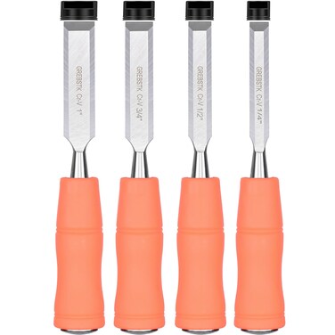 GREBSTK 8in Wood Chisel Set for Woodworking, 4pcs Chrome Vanadium Steel Bevel-Edge Bench Chisels with Cap, Comfortable High Impact Handle