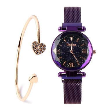 FUNGORGT Valentine's Day Gifts-Ladies Fashion Wrist Watch Casual Crystal Quartz Star Dial Purple Women Watch Magnetic mesh Belt and Bracelet Set Gift