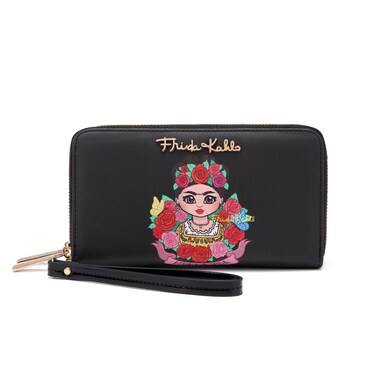 Frida Kahlo Cartoon Zip Around Wallet with Wristlet (Black/Black)
