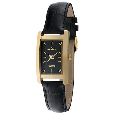 Peugeot Women's Classic 14Kt Gold Plated Watch, Rectangular Tank Shape Case with Leather Band and Easy to Read Dial