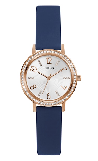 GUESS Ladies 32mm Watch - Blue Strap White Dial Rose Gold Tone Case