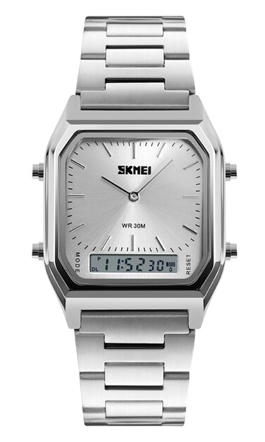 Gosasa Women's Digital Sports Watch Outdoor Stainless Steel Band Electronic Waterproof Square LED Women's Wristwatch (Silver)