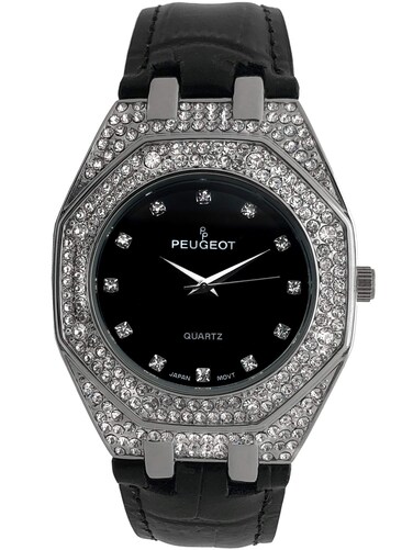 Peugeot Womens Boyfriend Wrist Watch with Crystal Bezel and Matching Leather Color Band Strap