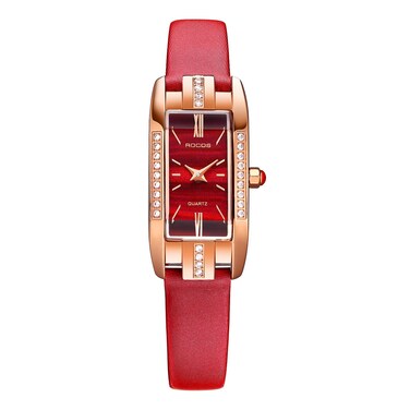 ROCOSJEWE Watches for Women Red Dial with Leather Strap Ladies Wristwatch Fashion Quartz Analog Dress Watch Casual Diamond Waterproof Elegant Wrist Watch RW0209S Red