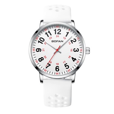 BOFAN Nurse Watch for Medical Professionals,Students,Doctors with Easy to Read Dial,Second Hand and 24 Hour,Soft and Breathable White Silicone Band,Water Resistant