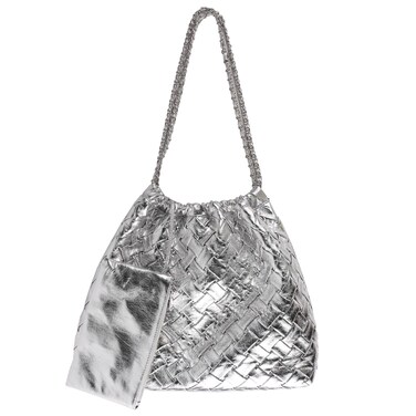 SHARPAD Woven Tote Bag for Women Purse: Silver Large Travel Totes - Soft Leather Shoulder Handbags for Vegan