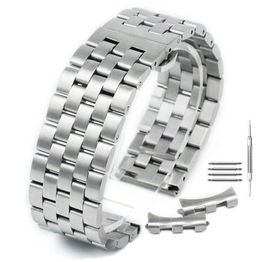 Curved Solid Stainless Steel Brushed Metal Watch Band Strap Buckle Clasp18mm-22mm Silver