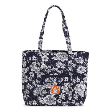 Vera Bradley Women's Cotton Collegiate Vera Tote Bag (Multiple Teams Available), Navy/White Rain Garden With Auburn University - Recycled Cotton, One Size