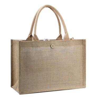 REDSINDA Burlap Beach Tote Bag with Handles for Women, Waterproof Woven Straw Jute Tote Bag for Travel (Horizontal with Rope Buckle, Large)