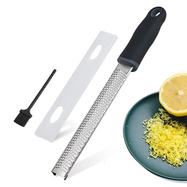 Tourvee Lemon Zester &amp; Cheese Grater with Handle,Kitchen Shredder for Parmesan Cheese, Lemon, Chocolate, Fruits, Vegetables, Ginger, Garlic, Stainless Steel Blade with Protective Cover (Black)