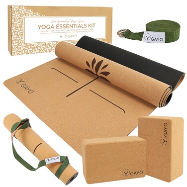 Gayo Premium Cork All-in-One Yoga Essentials Kit -Large Cork Yoga Mat and Blocks Set with Carry Strap and Alignment lines, 10ft Yoga Stretch Strap, Your Ultimate Eco-Friendly Yoga Starter Set