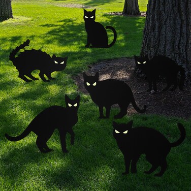 Halloween Black Cat Yard Sign for Outdoor Decorations with Stakes Glow in The Dark Eyes 6pack