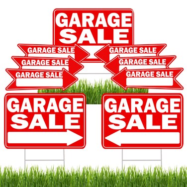 9PC Garage Sale Yard Sign Double Sided With Stake Large 17 Inch By 13 Inch With Arrows Arrow Red