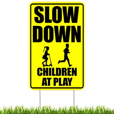 DAJDC Slow Down Children Kids At Play Yard Sign With Stakes Double Sided Caution Neighborhood Yard Sign Large 12 by 8 Inch, Yellow