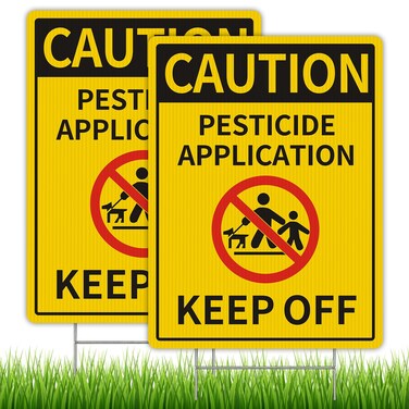 2 Pack Caution - Pesticide Application, Keep Off Yard Sign with Metal Stakes, 12.6 x 9.4 inches Corrugated Plastic Double Sided, Weatherproof, Easy to Mount
