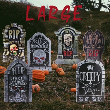 17in Tombstones Yard Sign with Stakes, 6PCS Graveyard Halloween Decorations Scary Gravestone Headstone Lawn Signs Halloween Decor Halloween Tombstones &amp; Cemetery Decorations Waterproof(Large)