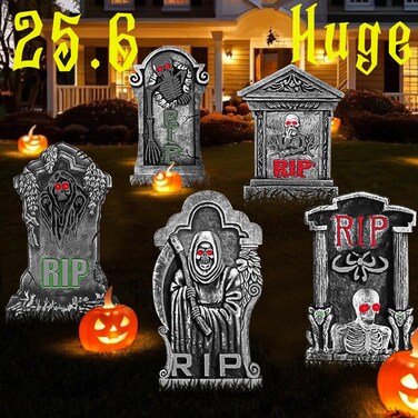 DIY Halloween Tombstone Set, 25.6inch Halloween Yard Sign 5 Pack Large Tombstones for Graves Halloween Gravestone With metal Stakes Halloween Outdoor Decor Waterproof