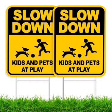 ANZEKE Slow Down Signs 2 Pack 16"x12" Slow Down Kids at Play Yard Sign, Double Sided Slow Down Kids and Pets at Play Yard Signs with Metal Stakes, Weatherproof